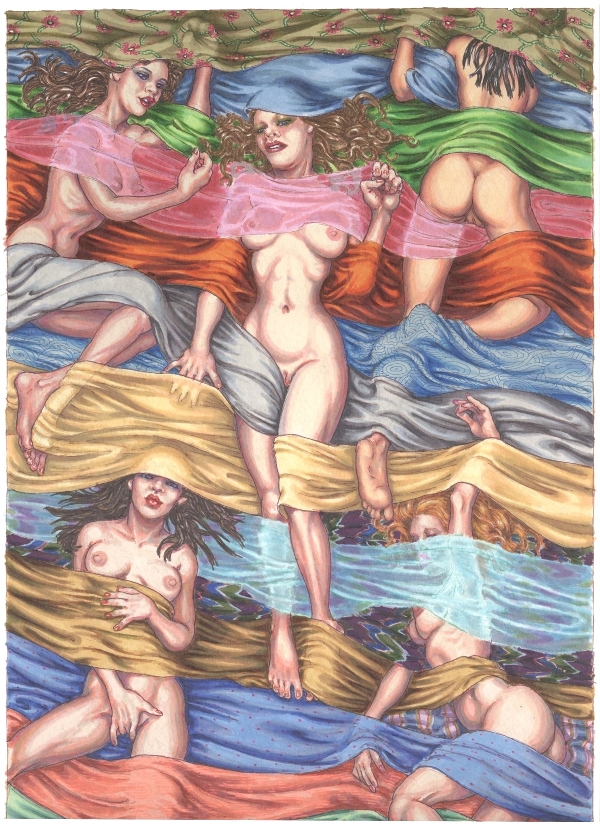 The women interwoven in the fabric of society, the suggestion of women bound to and by their sexuality, the material world that connects and separates women, the diverse patterns of life that engulf/restrain us. I invite the viewer to come to their own understanding of what this design represents. It's also colorful and horny.