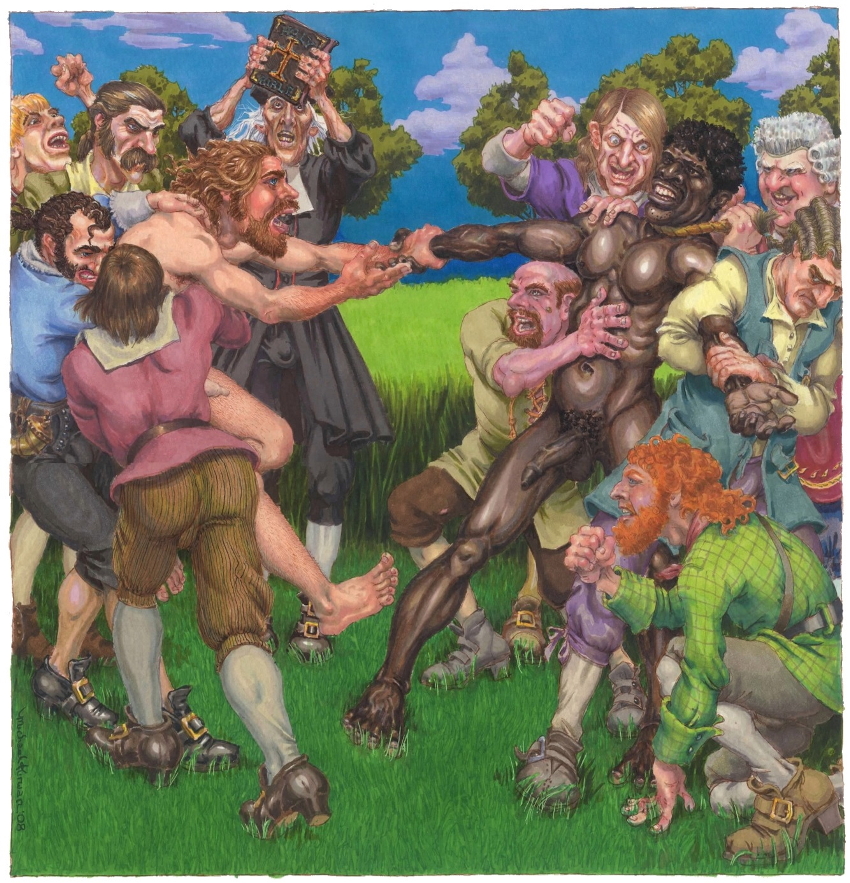 In 1647, Harmen Meyndertsz van den Bogaert and his slave Tobias are torn apart and jailed when they are caught having apparently consensual sex in New Amsterdam (what is today lower Manhattan Island). How much has changed in 361 years with the passage of California's Proposition 8 used to tear apart loving, same-sex couples from their legal coupling?